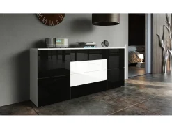 Vladon Cajonera Rova, Cómoda con 4 Puertas y 4 cajones, Blanco mate/Negro de alto brillo (166 x 72 x 35 cm)