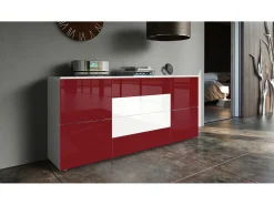 Vladon Cajonera Rova, Cómoda con 4 Puertas y 4 cajones, Blanco mate/Burdeos de alto brillo (166 x 72 x 35 cm)