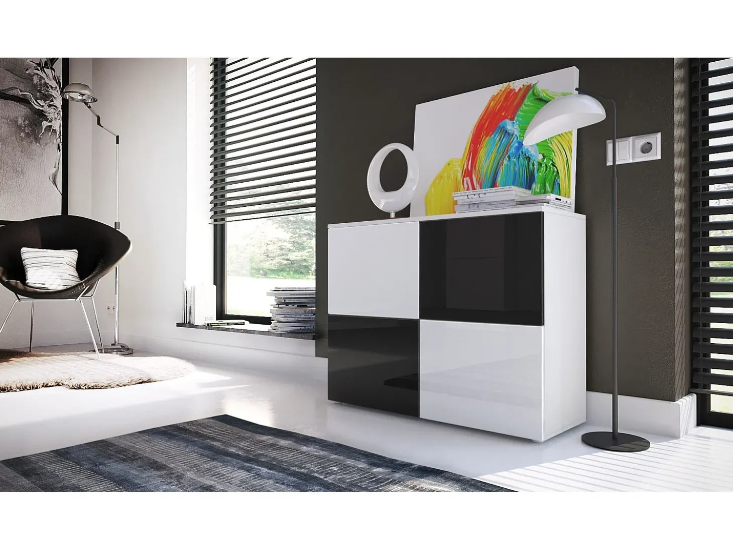 Vladon Cajonera Rova, Cómoda con 4 Puertas, Blanco mate/Blanco de alto brillo/Negro de alto brillo (92 x 72 x 35 cm)