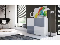 Vladon Cajonera Rova, Cómoda con 4 Puertas, Blanco mate/Blanco de alto brillo/Gris de alto brillo (92 x 72 x 35 cm)