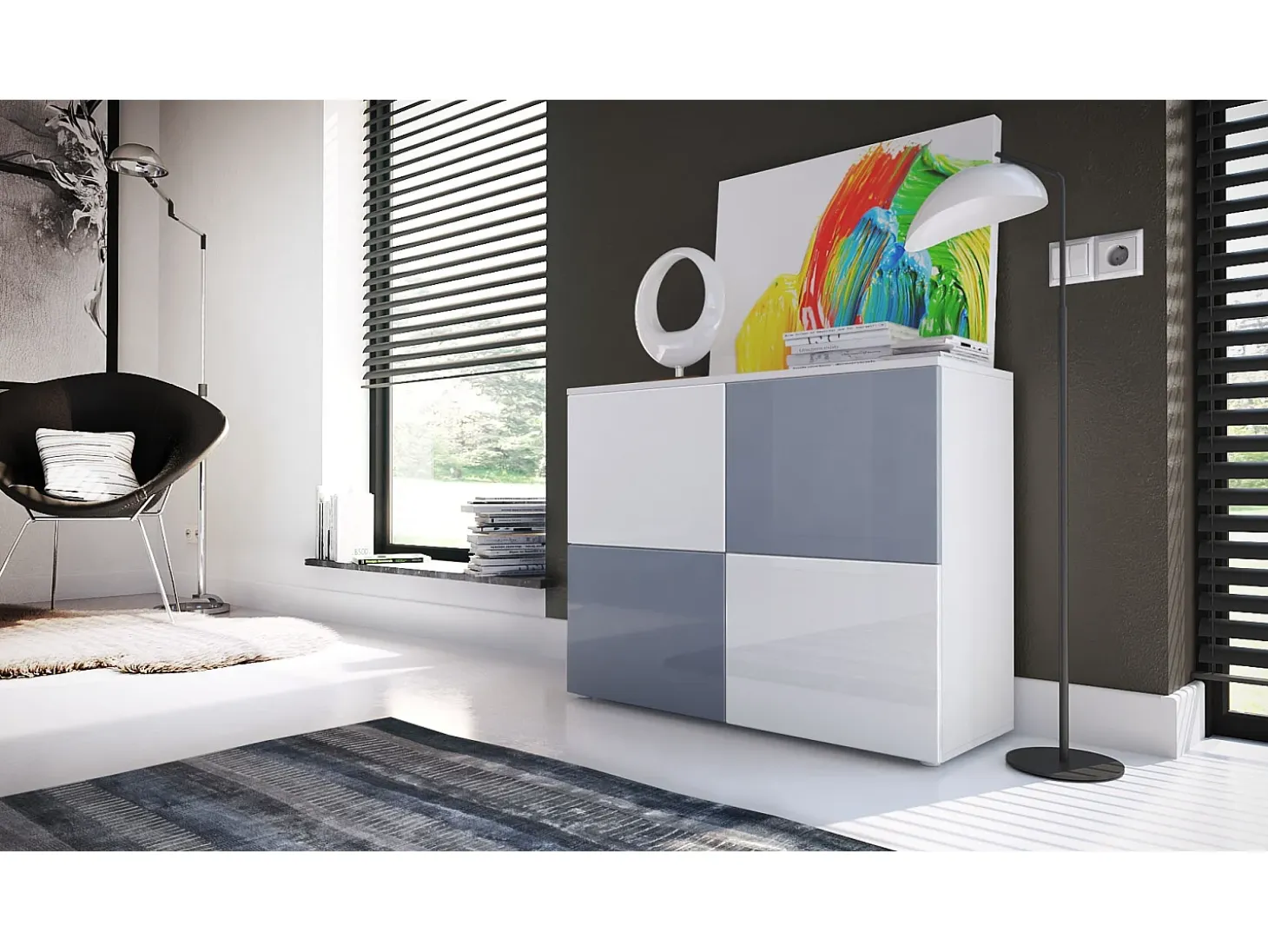 Vladon Cajonera Rova, Cómoda con 4 Puertas, Blanco mate/Blanco de alto brillo/Gris de alto brillo (92 x 72 x 35 cm)
