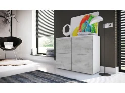 Vladon Cajonera Rova, Cómoda con 4 Puertas, Blanco mate/Hormigón oxidado (92 x 72 x 35 cm)