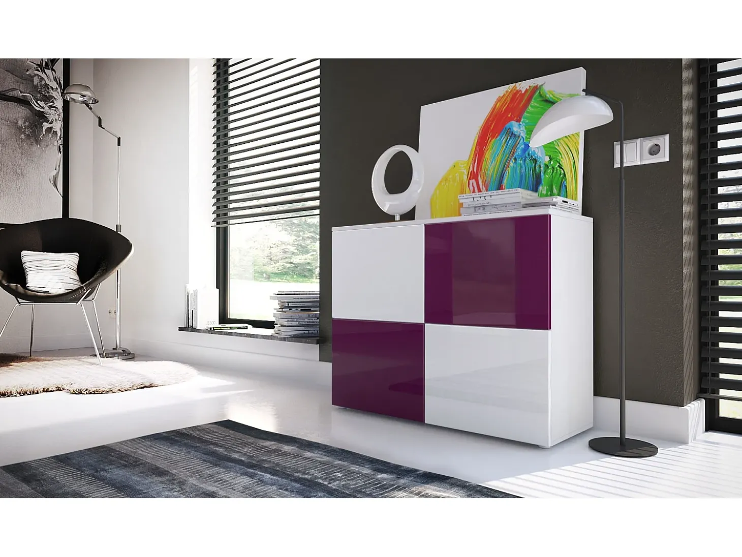 Vladon Cajonera Rova, Cómoda con 4 Puertas, Blanco mate/Blanco de alto brillo/Zarzamora de alto brillo (92 x 72 x 35 cm)