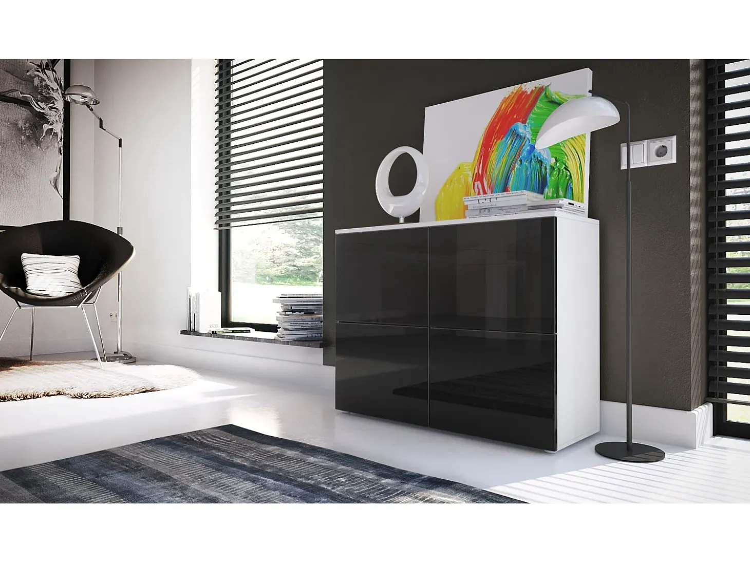 Vladon Cajonera Rova, Cómoda con 4 Puertas, Blanco mate/Negro de alto brillo (92 x 72 x 35 cm)