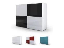 Vladon Cajonera Rova, Cómoda con 4 Puertas, Blanco mate/Negro de alto brillo (92 x 72 x 35 cm)