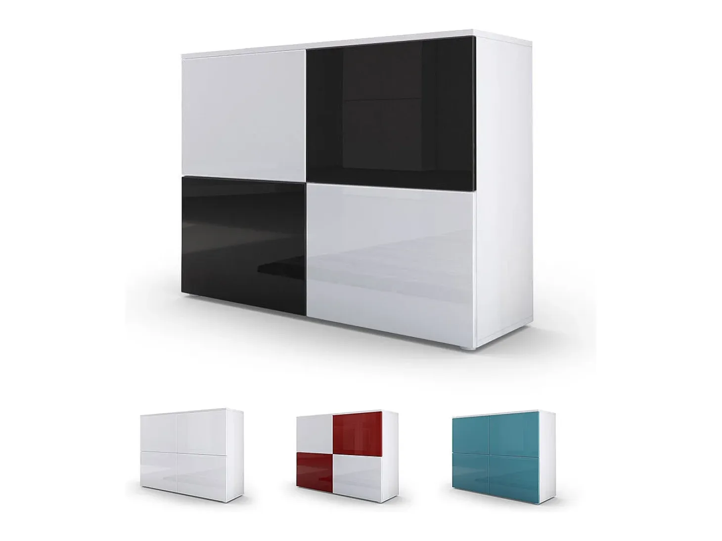 Vladon Cajonera Rova, Cómoda con 4 Puertas, Blanco mate/Negro de alto brillo (92 x 72 x 35 cm)