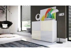 Vladon Cajonera Rova, Cómoda con 4 Puertas, Blanco mate/Blanco de alto brillo/Crema de alto brillo (92 x 72 x 35 cm)