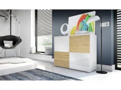 Vladon Cajonera Rova, Cómoda con 4 Puertas, Blanco mate/Blanco de alto brillo/Roble natural (92 x 72 x 35 cm)