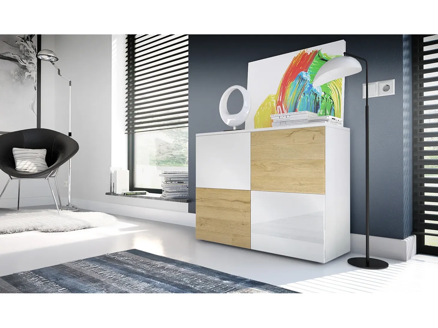 Vladon Cajonera Rova, Cómoda con 4 Puertas, Blanco mate/Blanco de alto brillo/Roble natural (92 x 72 x 35 cm)
