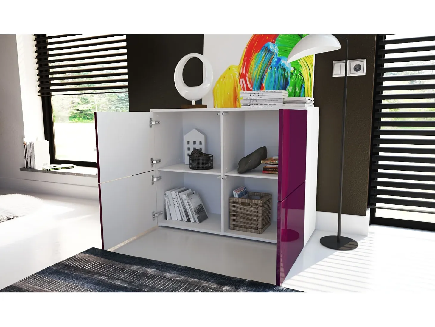 Vladon Cajonera Rova, Cómoda con 4 Puertas, Blanco mate/Blanco de alto brillo/Roble natural (92 x 72 x 35 cm)
