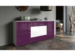 Vladon Cajonera Rova, Cómoda con 4 Puertas y 4 cajones, Blanco mate/Zarzamora de alto brillo (166 x 72 x 35 cm)