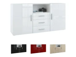 Vladon Cajonera Skadu, Cómoda con 2 Puertas, 3 Cajones y 1 Compartimento abierto, blanco mate/zarzamora de alto brillo (139 x 72 x 35 cm)