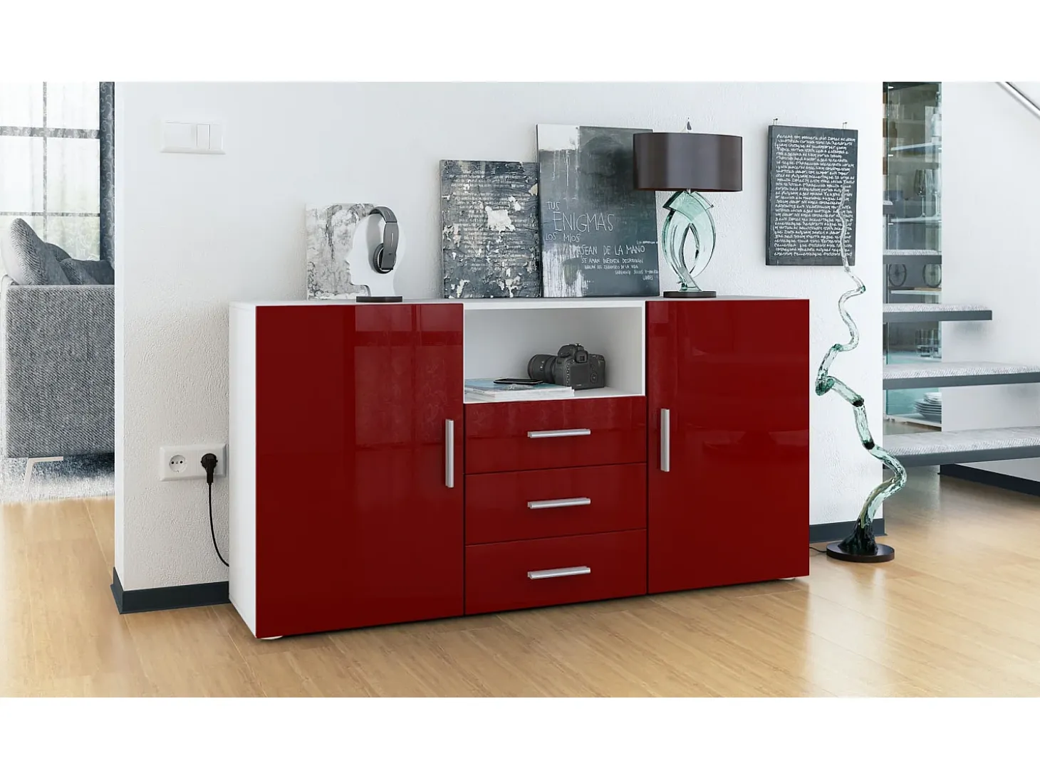 Vladon Cajonera Skadu, Cómoda con 2 Puertas, 3 Cajones y 1 Compartimento abierto, blanco mate/burdeos de alto brillo (139 x 72 x 35 cm)