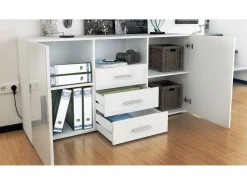 Vladon Cajonera Skadu, Cómoda con 2 Puertas, 3 Cajones y 1 Compartimento abierto, negro mate/burdeos de alto brillo (138,5 x 71,5 x 35 cm)