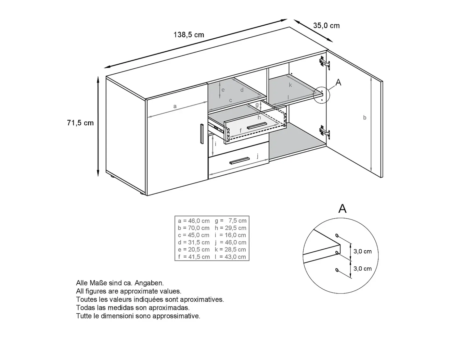 Vladon Cajonera Skadu, Cómoda con 2 Puertas, 3 Cajones y 1 Compartimento abierto, negro mate/blanco mate (138,5 x 71,5 x 35 cm)