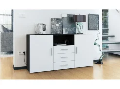 Vladon Cajonera Skadu, Cómoda con 2 Puertas, 3 Cajones y 1 Compartimento abierto, negro mate/blanco mate (138,5 x 71,5 x 35 cm)