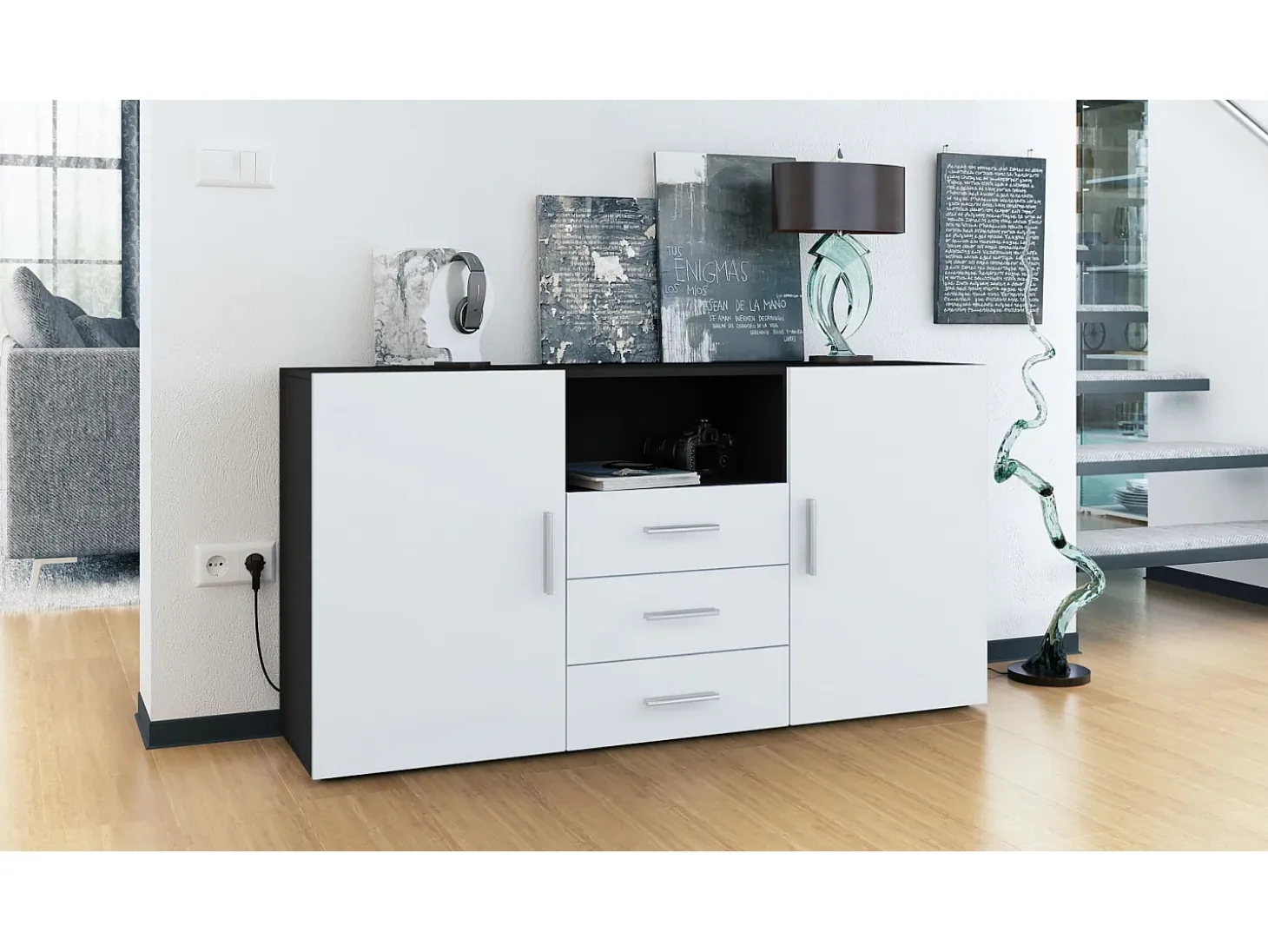 Vladon Cajonera Skadu, Cómoda con 2 Puertas, 3 Cajones y 1 Compartimento abierto, negro mate/blanco mate (138,5 x 71,5 x 35 cm)