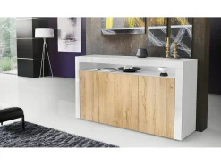 Vladon Cajonera Valencia, Cómoda con 3 Puertas y 1 Compartimento abierto, Blanco mate/roble natural/blanco de alto brillo (155 x 92 x 40 cm)