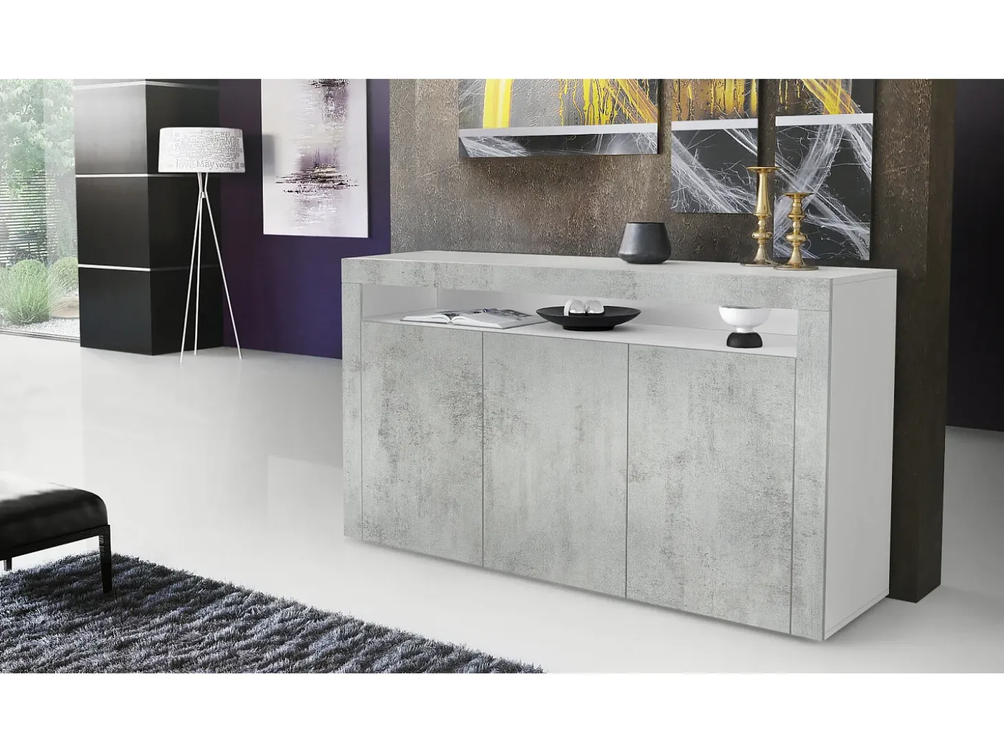 Vladon Cajonera Valencia, Cómoda con 3 Puertas y 1 Compartimento abierto, Blanco mate/hormigón oxidado/hormigón oxidado (155 x 92 x 40 cm)