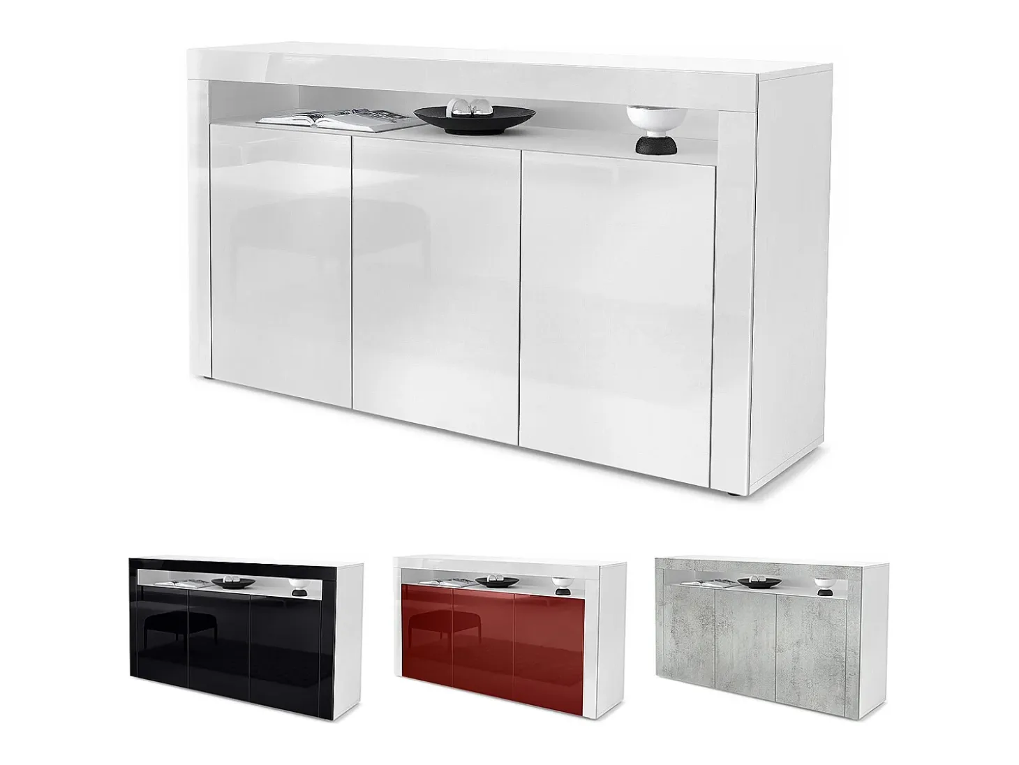 Vladon Cajonera Valencia, Cómoda con 3 Puertas y 1 Compartimento abierto, Blanco mate/hormigón oxidado/hormigón oxidado (155 x 92 x 40 cm)