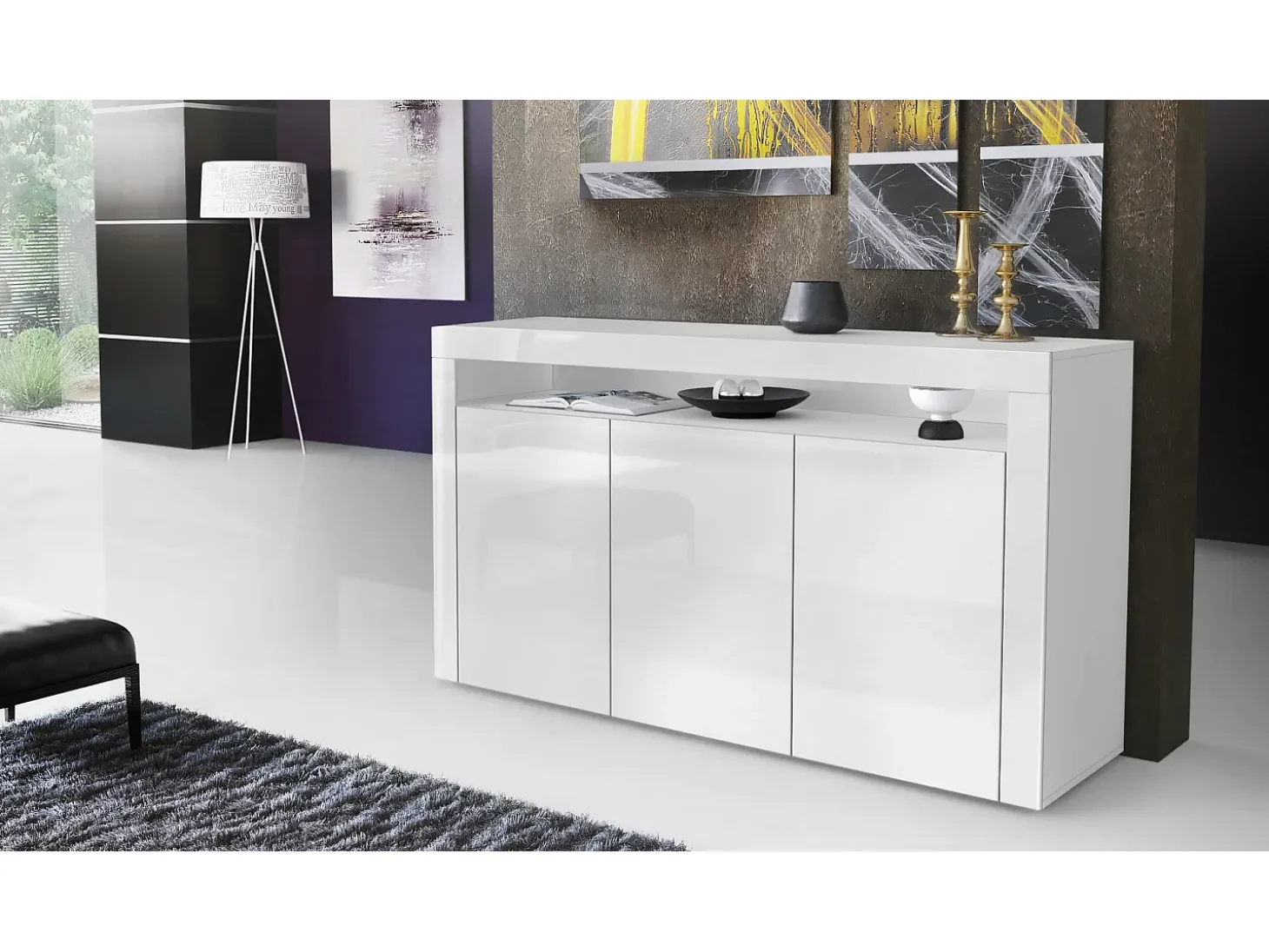 Vladon Cajonera Valencia, Cómoda con 3 Puertas y 1 Compartimento abierto, Blanco mate/blanco de alto brillo/blanco de alto brillo (155 x 92 x 40 cm)