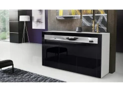 Vladon Cajonera Valencia, Cómoda con 3 Puertas y 1 Compartimento abierto, Blanco mate/negro de alto brillo/negro de alto brillo (155 x 92 x 40 cm)