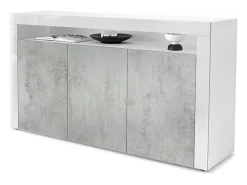 Vladon Cajonera Valencia, Cómoda con 3 Puertas y 1 Compartimento abierto, Blanco mate/hormigón oxidado/blanco de alto brillo (155 x 92 x 40 cm)