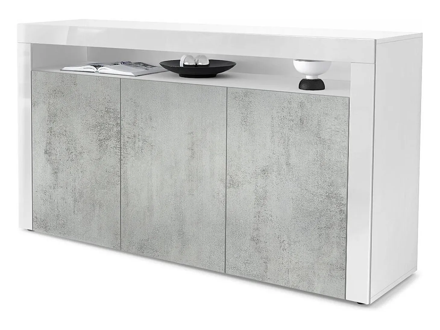 Vladon Cajonera Valencia, Cómoda con 3 Puertas y 1 Compartimento abierto, Blanco mate/hormigón oxidado/blanco de alto brillo (155 x 92 x 40 cm)