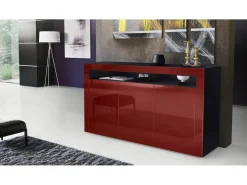 Vladon Cajonera Valencia, Cómoda con 3 Puertas y 1 Compartimento abierto, Negro mate/burdeos de alto brillo/burdeos de alto brillo (155 x 92 x 40 cm)