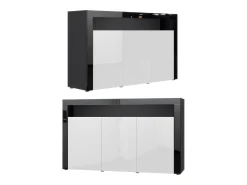 Vladon Cajonera Valencia, Cómoda con 3 Puertas y 1 Compartimento abierto, Negro mate/gris de alto brillo/gris de alto brillo (155 x 92 x 40 cm)