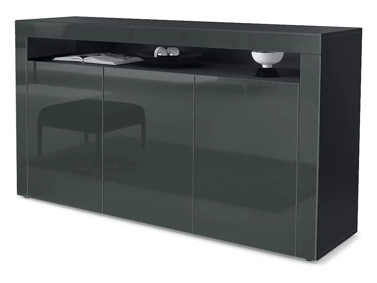 Vladon Cajonera Valencia, Cómoda con 3 Puertas y 1 Compartimento abierto, Negro mate/gris de alto brillo/gris de alto brillo (155 x 92 x 40 cm)