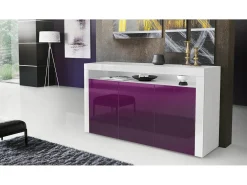 Vladon Cajonera Valencia, Cómoda con 3 Puertas y 1 Compartimento abierto, Blanco mate/zarzamora de alto brillo/blanco de alto brillo (155 x 92 x 40 cm)
