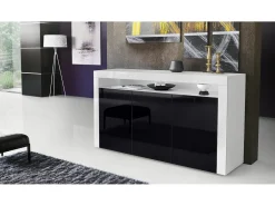 Vladon Cajonera Valencia, Cómoda con 3 Puertas y 1 Compartimento abierto, Blanco mate/negro de alto brillo/blanco de alto brillo (155 x 92 x 40 cm)