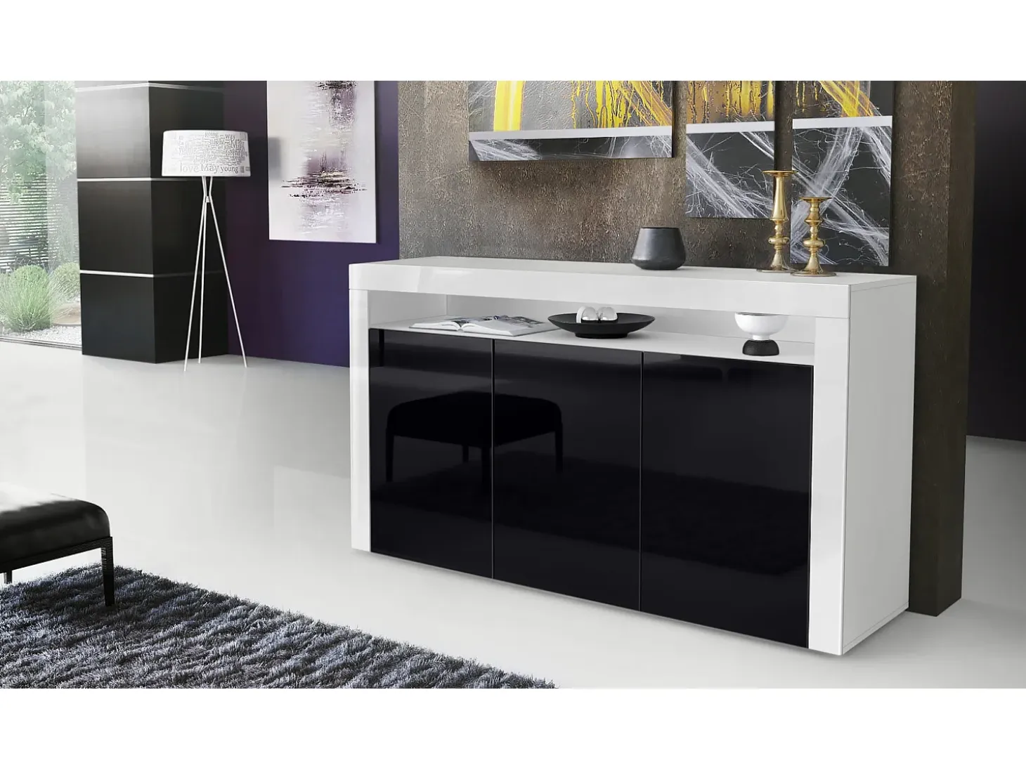 Vladon Cajonera Valencia, Cómoda con 3 Puertas y 1 Compartimento abierto, Blanco mate/negro de alto brillo/blanco de alto brillo (155 x 92 x 40 cm)