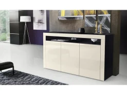 Vladon Cajonera Valencia, Cómoda con 3 Puertas y 1 Compartimento abierto, Negro mate/crema de alto brillo/crema de alto brillo (155 x 92 x 40 cm)