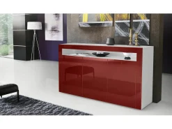 Vladon Cajonera Valencia, Cómoda con 3 Puertas y 1 Compartimento abierto, Blanco mate/burdeos de alto brillo/burdeos de alto brillo (155 x 92 x 40 cm)