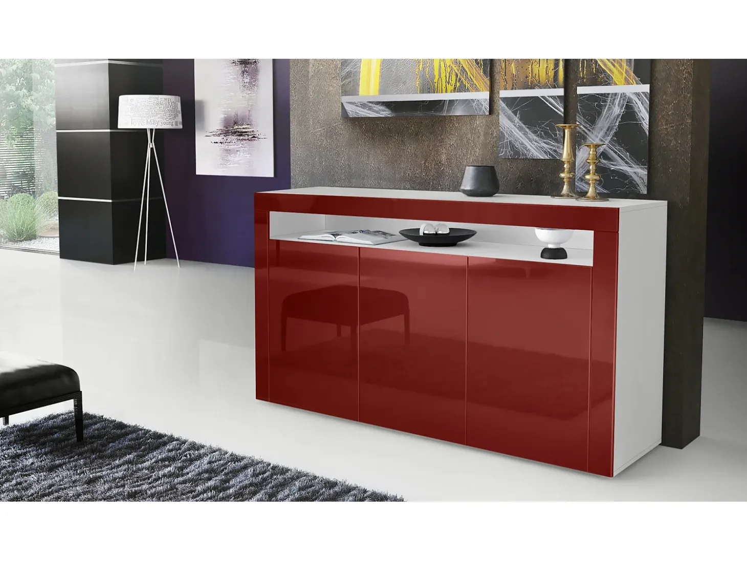 Vladon Cajonera Valencia, Cómoda con 3 Puertas y 1 Compartimento abierto, Blanco mate/burdeos de alto brillo/burdeos de alto brillo (155 x 92 x 40 cm)