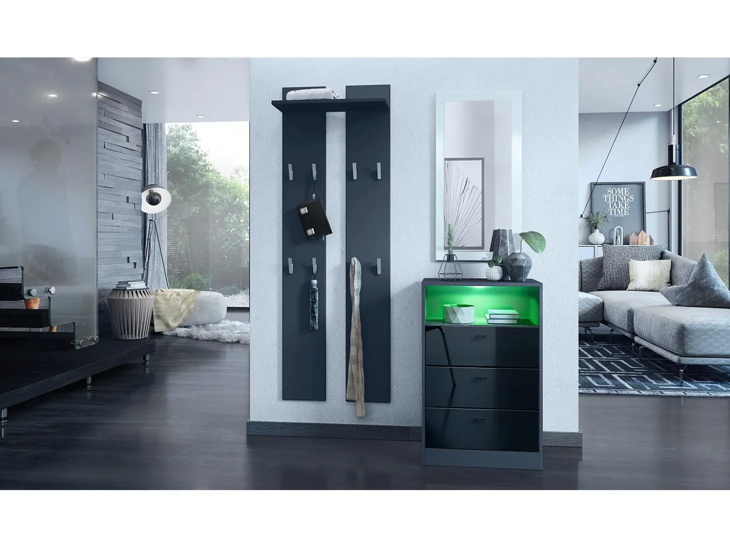 Vladon cómoda Pino V2, aparador con 3 cajones y 1 compartimento abierto, antracita mate/Negro de alto brillo con iluminación LED RVB (56 x 86,5 x 36 cm)