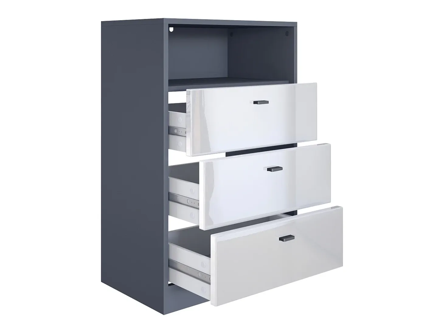 Vladon cómoda Pino V2, aparador con 3 cajones y 1 compartimento abierto, antracita mate/Negro de alto brillo con iluminación LED RVB (56 x 86,5 x 36 cm)