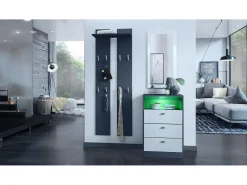 Vladon cómoda Pino V2, aparador con 3 cajones y 1 compartimento abierto, antracita mate/Blanco mate con iluminación LED RVB (56 x 86,5 x 36 cm)