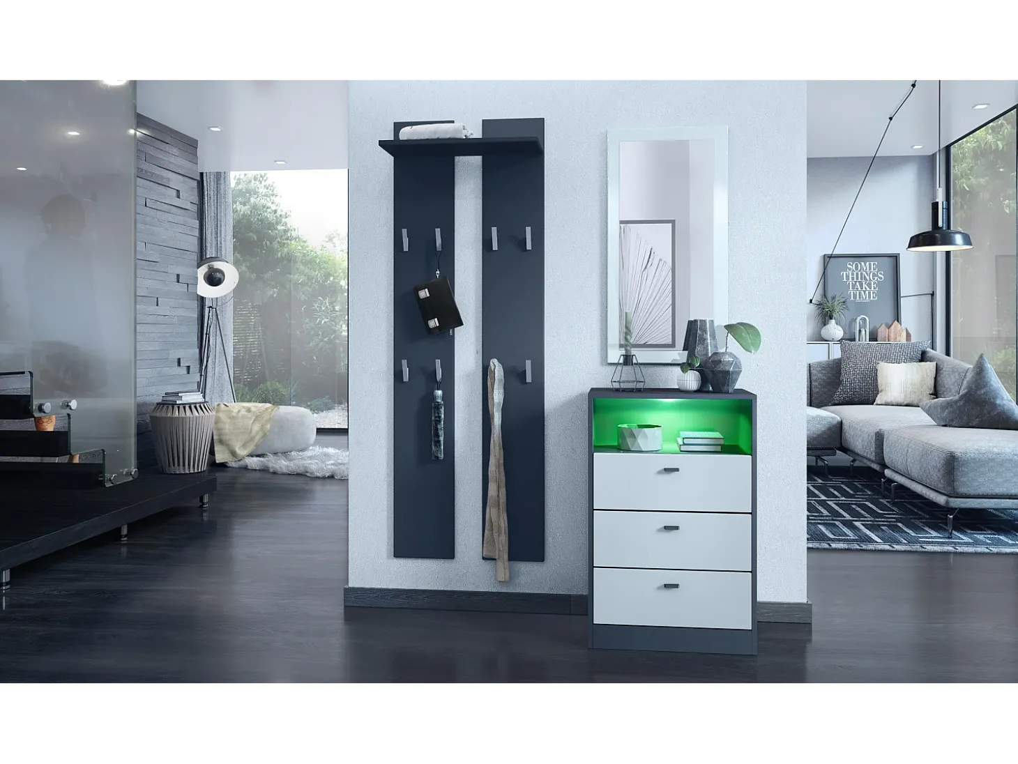 Vladon cómoda Pino V2, aparador con 3 cajones y 1 compartimento abierto, antracita mate/Blanco mate con iluminación LED RVB (56 x 86,5 x 36 cm)