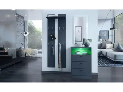 Vladon cómoda Pino V2, aparador con 3 cajones y 1 compartimento abierto, antracita mate/undefined con iluminación LED RVB (56 x 86,5 x 36 cm)