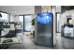 Vladon cómoda Pino V3, aparador con 4 cajones y 1 compartimento abierto, antracita mate/Gris de alto brillo con iluminación LED RVB (56 x 125 x 36 cm)