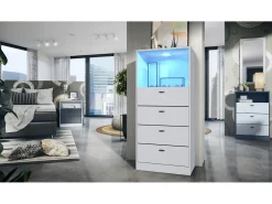 Vladon cómoda Pino V3, aparador con 4 cajones y 1 compartimento abierto, Blanco mate/Blanco mate con iluminación LED RVB (56 x 125 x 36 cm)