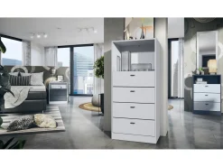 Vladon cómoda Pino V3, aparador con 4 cajones y 1 compartimento abierto, Blanco mate/Blanco mate sin LED (56 x 125 x 36 cm)