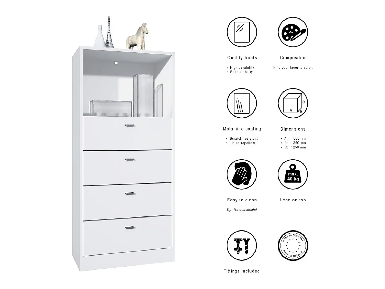 Vladon cómoda Pino V3, aparador con 4 cajones y 1 compartimento abierto, Blanco mate/Blanco mate sin LED (56 x 125 x 36 cm)