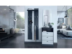 Vladon cómoda Pino V2, aparador con 3 cajones y 1 compartimento abierto, antracita mate/Blanco mate sin LED (56 x 86,5 x 36 cm)