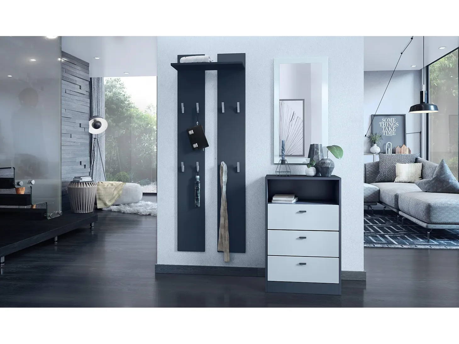 Vladon cómoda Pino V2, aparador con 3 cajones y 1 compartimento abierto, antracita mate/Blanco mate sin LED (56 x 86,5 x 36 cm)
