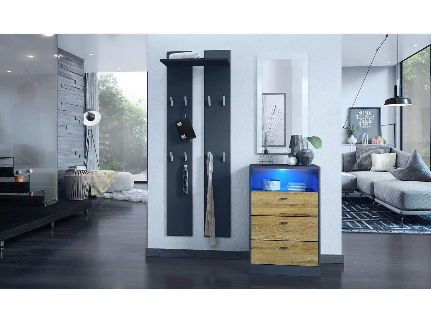 Vladon cómoda Pino V2, aparador con 3 cajones y 1 compartimento abierto, antracita mate/Roble natural con iluminación LED RVB (56 x 86,5 x 36 cm)