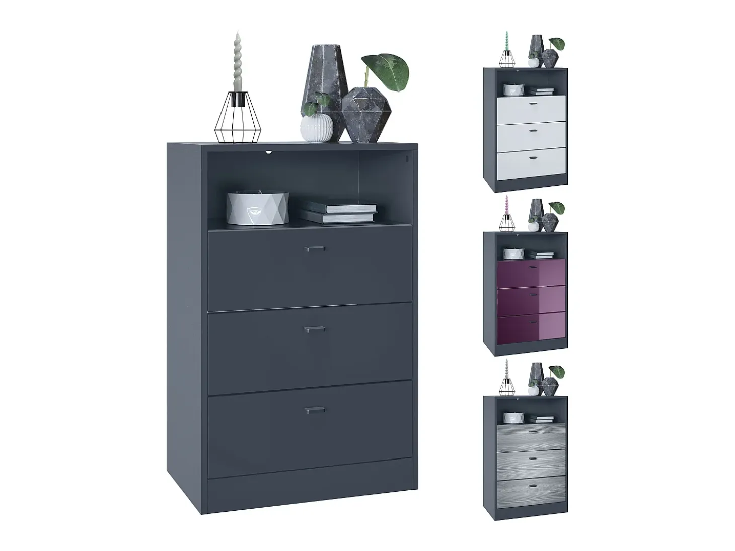 Vladon cómoda Pino V2, aparador con 3 cajones y 1 compartimento abierto, antracita mate/Negro de alto brillo sin LED (56 x 86,5 x 36 cm)